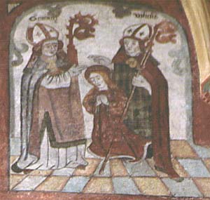 sainte Genevieve, saint Germain d'Auxerre et l'eveque de Paris, fresque de la paroisse de Zepperen, Limbourg belge